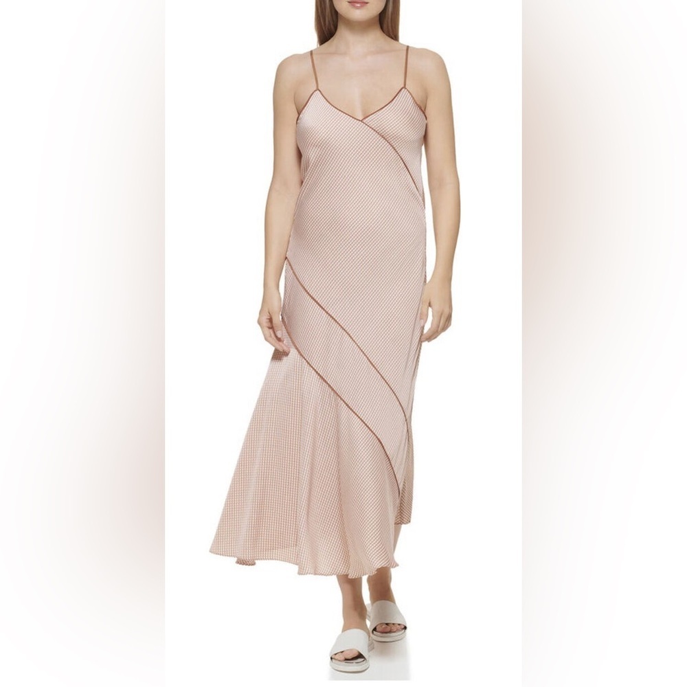 NWT $129 DKNY Dress Satin Mini Grid Print Adjustable Straps V Neck Women Medium